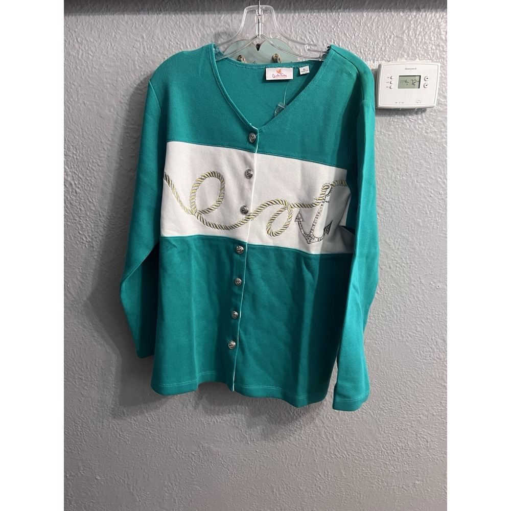 Quacker Factory Nautical Anchor Green Cardigan Sweater Women's Size 1X